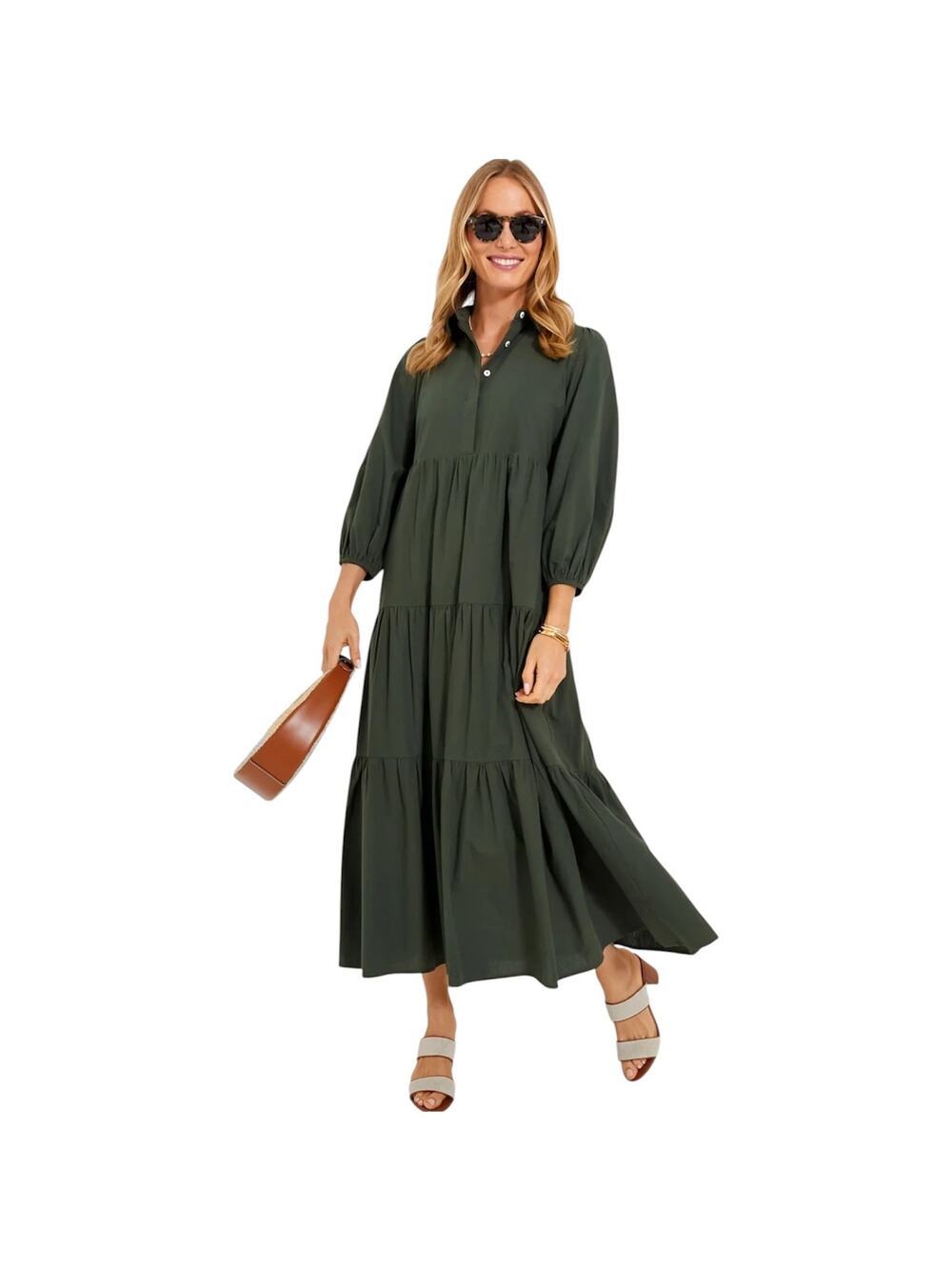 Pomander Place Sedona Sage Cotton Tiered Mabel Maxi Shirt Dress Size Medium